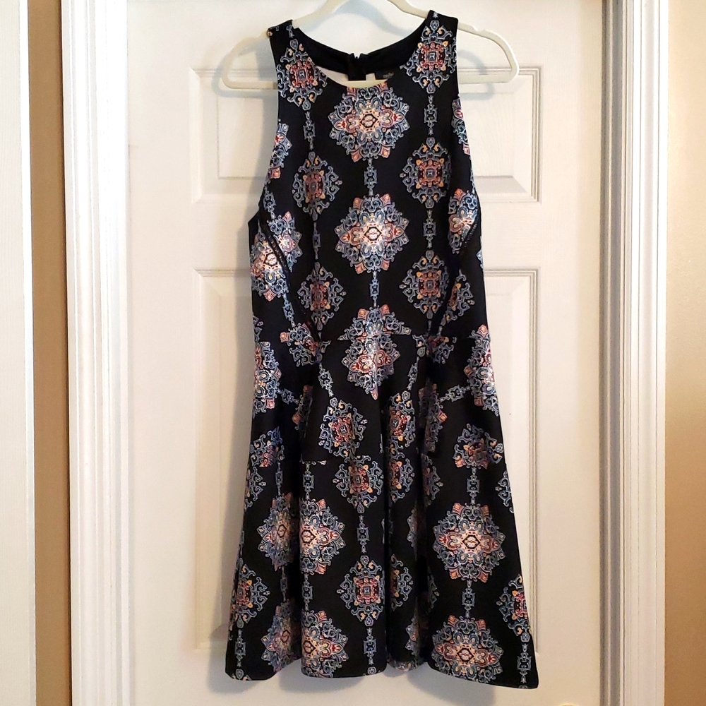 Black dress with multicolor mandala design.